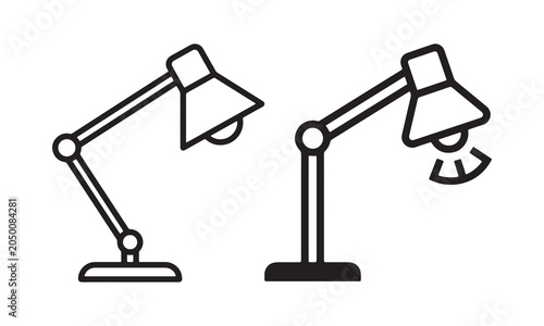 Black and white line art illustration of two adjustable desk lamps