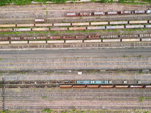 a freight station with many trains - aerial view