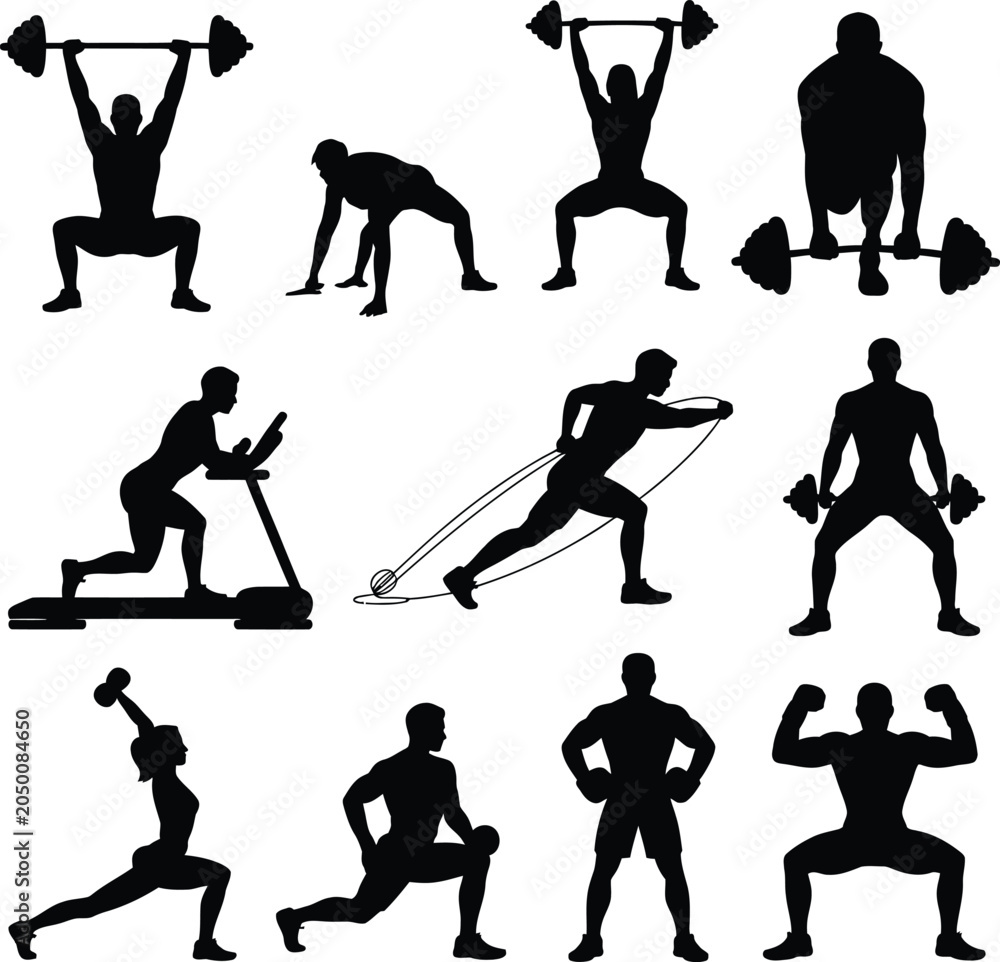 Fototapeta premium Athletic silhouette collection during fitness training with weights and machines vector illustration