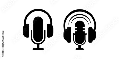 Bild auf Leinwand Podcast Microphone and Headphones icon silhouette vector white background,Headse