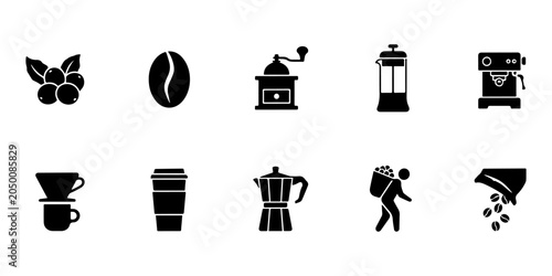 Photos Coffee bean and caffeine production minimalist icon set, Black silhouette relate
