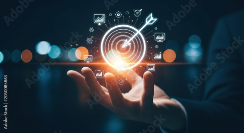 Businessman Showing Target with Arrow and Business Icons Around. Achieving Goals and Success in Business Concept Strategy Planning