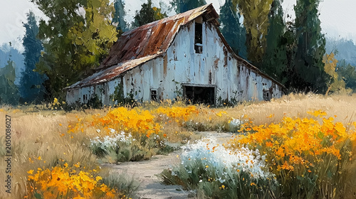 Watercolor painting of a rustic wooden barn