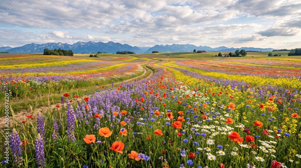 Fototapeta premium Vibrant wildflower meadow with mountain backdrop and winding dirt path bavaria