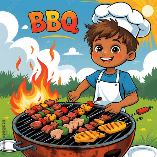 BBQ and boy grilling skewers cartoon clipart