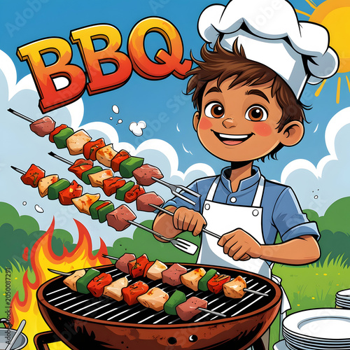 BBQ and boy grilling skewers cartoon clipart
