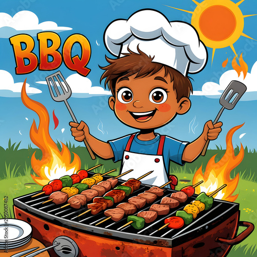 BBQ and boy grilling skewers cartoon clipart