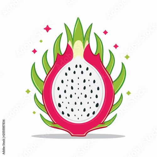 Half dragon fruit illustration with green leaves and sparkles