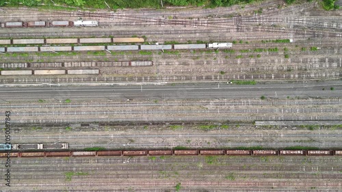 a freight station with many trains - aerial view