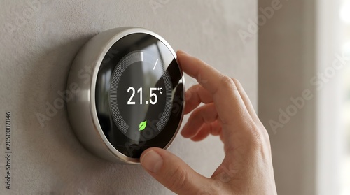 Hand adjusting smart thermostat displaying 21.5 degrees celsius