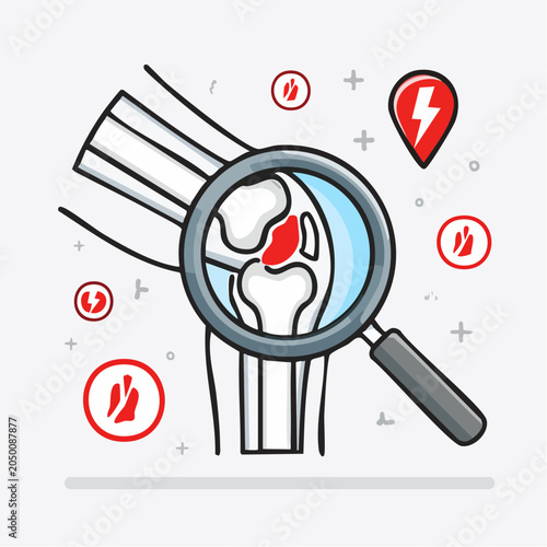 Knee Joint Pain Examination with Magnifying Glass and Symbols
