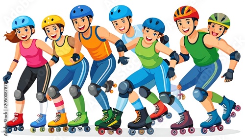 Group of seven diverse people roller-skating, each wearing protective gear like helmets and pads, full of energy