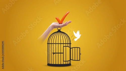 A hand releases a red bird from a cage as another flies away.