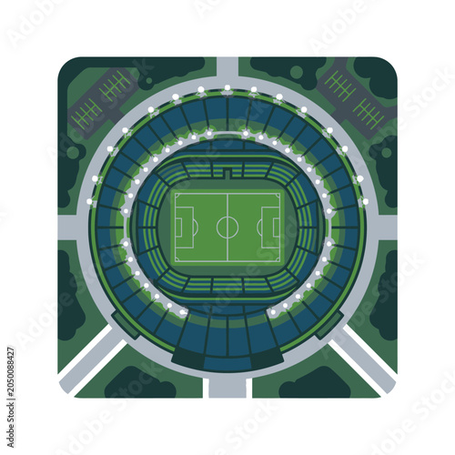Top-down view of a soccer stadium within square frame.