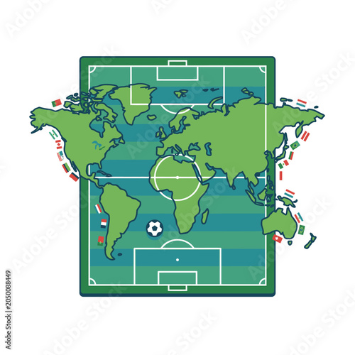 Vertical soccer field map with global flags and ball.