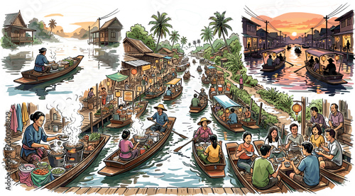 Foto Traditional Southeast Asian Floating Market Vector Illustration Set with Wooden