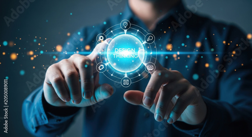 Businessman Touching Design Thinking Word and Icon Graphic in Technology Digital Business Creative Brainstorming Solution Innovation Strategy Concept