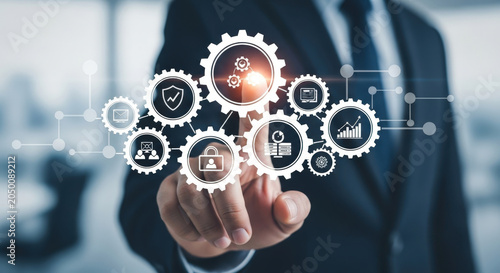 Businessman Touching Digital Screen With Gears Business Process Management Automation and Technology Integration Concept