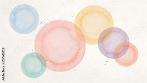 Pastel Watercolor Circles Composition Featuring Soft Transparent Washes on Textured Paper Background