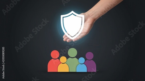 A protective hand holds a glowing shield over diverse people icons.