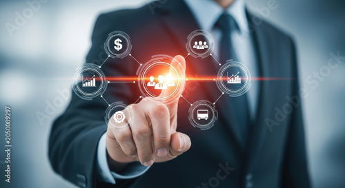 Businessman Touching Digital Screen with Integrated Management Icons Teamwork Connection Communication Analysis Development and Innovation
