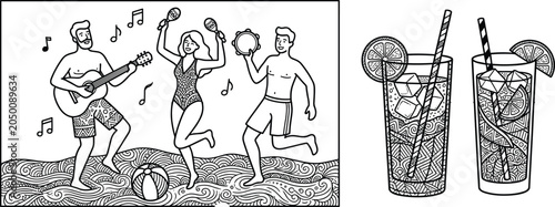 Summer beach music party and cocktail outline vector illustration. People dancing, playing guitar, maracas, tambourine, sand doodle, tropical drink, ice, lemon, straw and adult coloring page.
