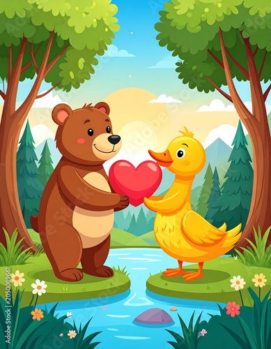 A cartoon bear and duckling exchange a heart on a sunny forest