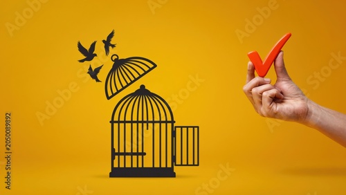 A hand holds a red bird outside an open cage with flying birds.