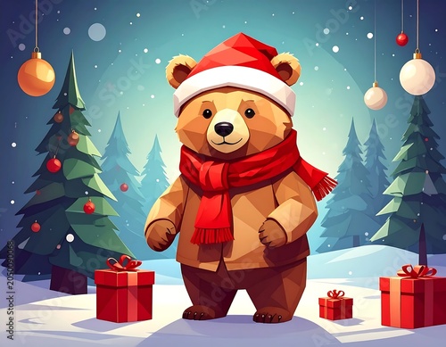 A cartoon bear in a Santa hat and red scarf stands amidst snowfall, surrounded by Christmas trees and gifts