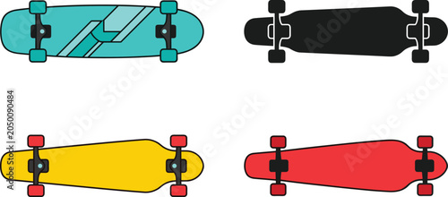 Set of Modern Longboard Skateboard Vector Illustrations with Colorful Decks and Geometric Patterns for Urban Sports Lifestyle and Youth Culture Graphic Designs