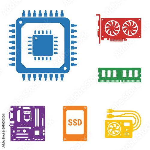Set of computer hardware component icons including CPU, GPU, motherboard, RAM, SSD, and power supply