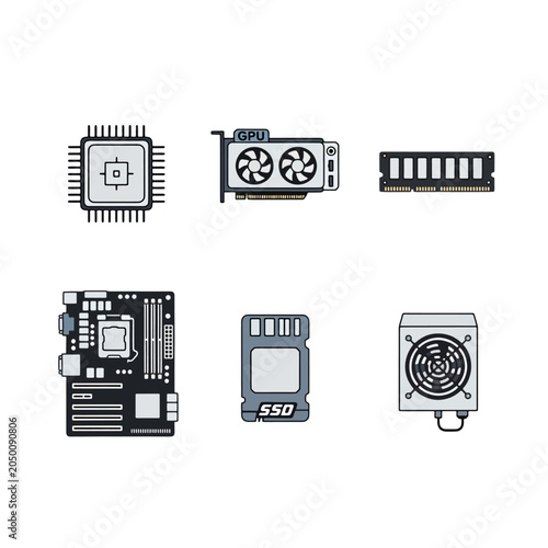 Computer hardware components vector icon set featuring CPU GPU RAM motherboard SSD and power supply units