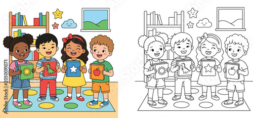 Schilderij op canvas Happy diverse children holding books in classroom library cartoon illustration a