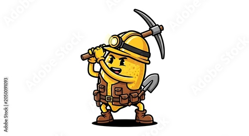 Cartoon miner with pickaxe and helmet illustration.