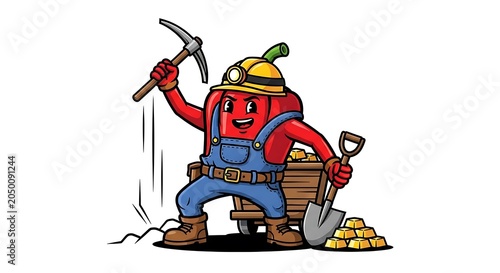 Cartoon miner with pickaxe and helmet illustration.