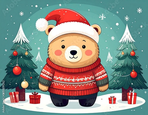 A cartoon bear in a Santa hat and red sweater stands amidst Christmas trees and gifts