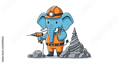Cartoon miner with pickaxe and helmet isolated.