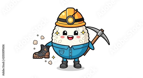 Cartoon miner with pickaxe and helmet working.
