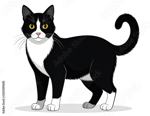 A cartoon black and white cat with yellow eyes stands on a gray oval shadow