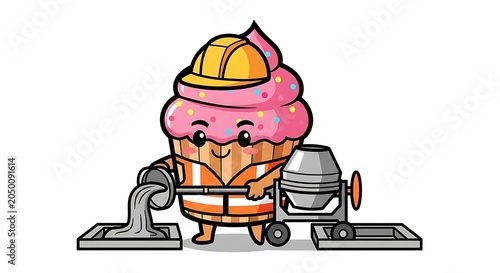 Cartoon miner with pickaxe and helmet working.