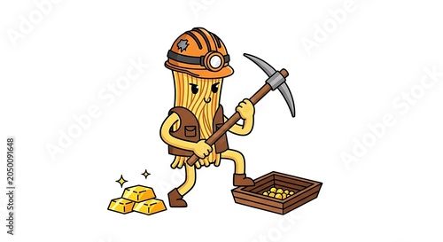 Cartoon miner with pickaxe and helmet.