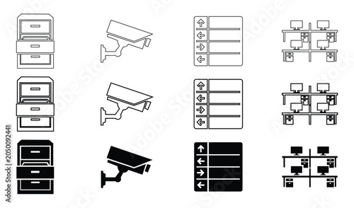 workplace security and IT infrastructure outline vector icon set
