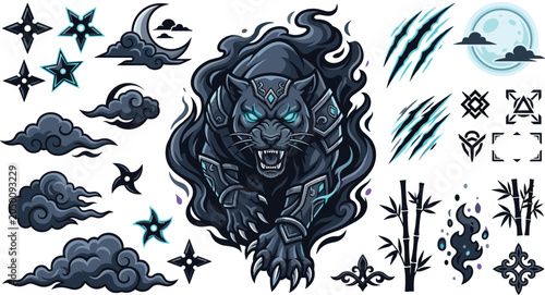 Bild auf Leinwand Fierce ninja black panther mascot vector bundle featuring dark smoke clouds shur