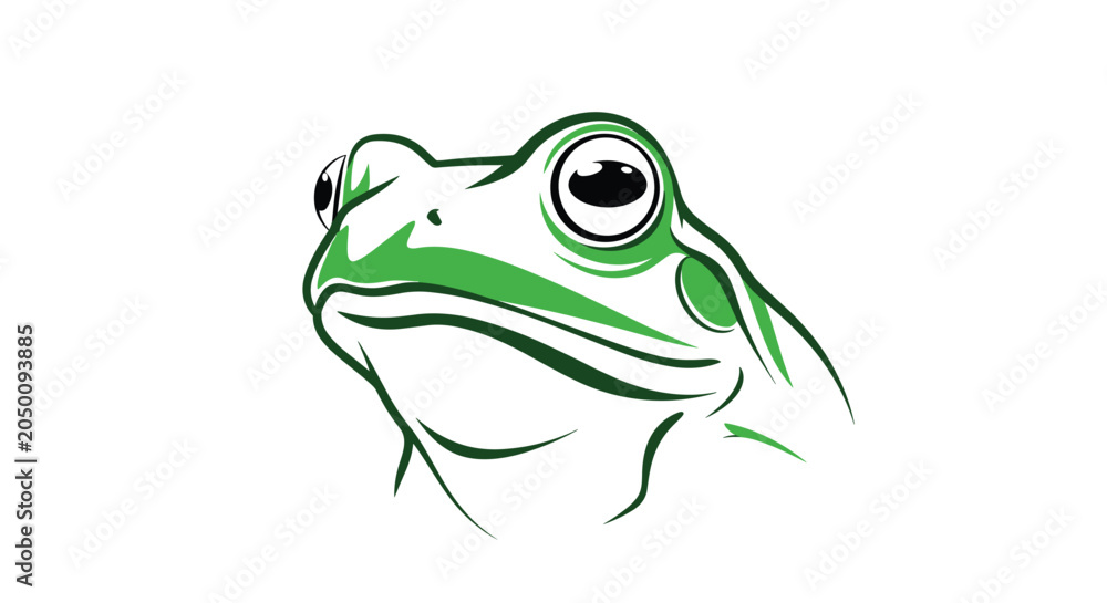 Fototapeta premium Modern stylized illustration of a green frog head with large eyes and a calm expression against a white background.