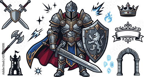 Konstfotografi Medieval fantasy knight mascot vector bundle featuring armor warrior swords lion