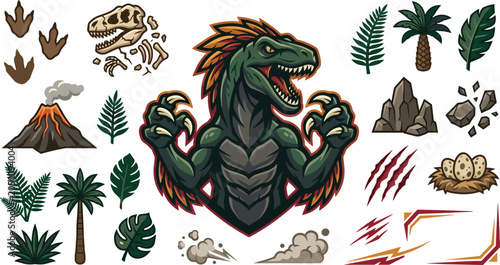 Fotografie Fierce raptor dinosaur mascot vector bundle featuring erupting volcano fossil sk