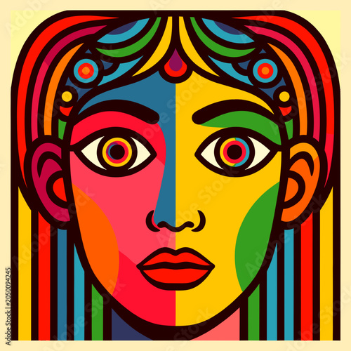 Maximalist abstract colorful face portrait cubism style vector illustration
