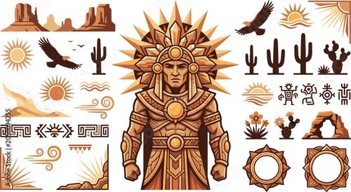 Photos Ancient Aztec sun god warrior mascot vector bundle featuring desert canyons cact