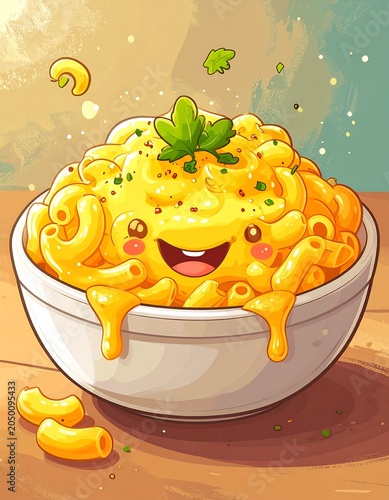 A cartoon bowl of macaroni and cheese with a smiling face