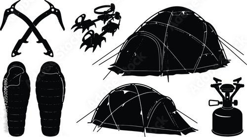 Tableau sur toile Camping Gear Icons: Tents, Sleeping Bags, Ice Axes, Crampons, and Stove Vector S